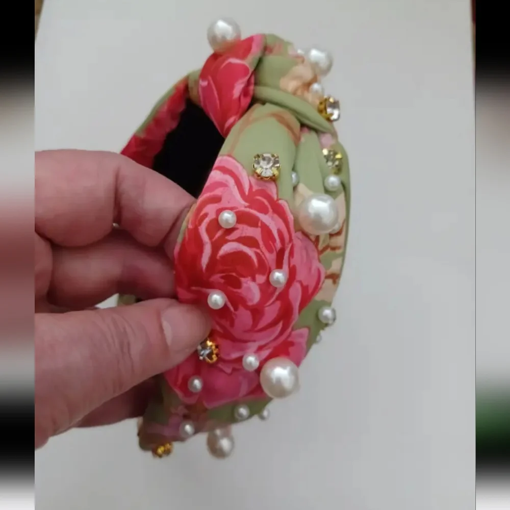 Headband Colorful Flower Printed Wide Faux Pearl Sparkling Rhinestone